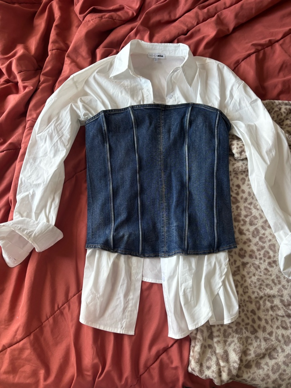 Fashion Nova White Shirt with Dark Blue Denim Corset Overlay